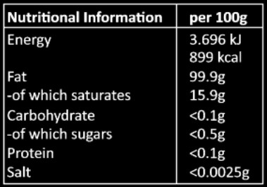Immortal Health 200ml Black Seed Oil Nutrition Information Panel
